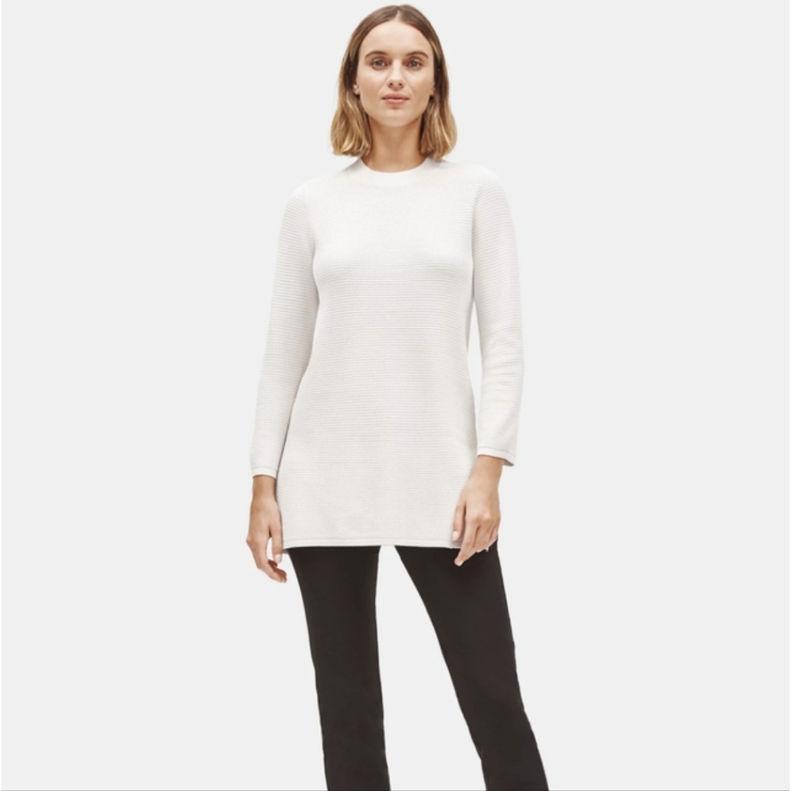 Nwt Eileen Fisher Silk Organic Cotton Ribbed Mockneck Tunic Sweater - Bone - M